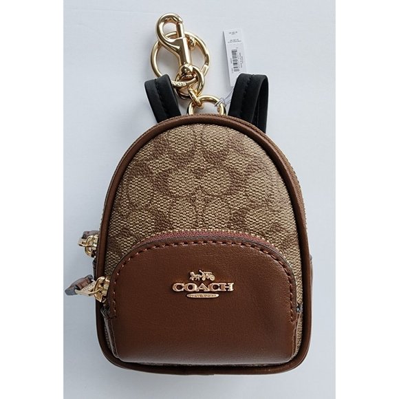 COACH Mini Court BAG CHARM Khaki Canvas Saddle brown leather key ring & … - Picture 1 of 11